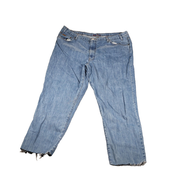 Eddie Bauer Jeans Mens 44x36 Blue Classic Fit Premium Denim Distressed Raw Hem - Picture 2 of 9